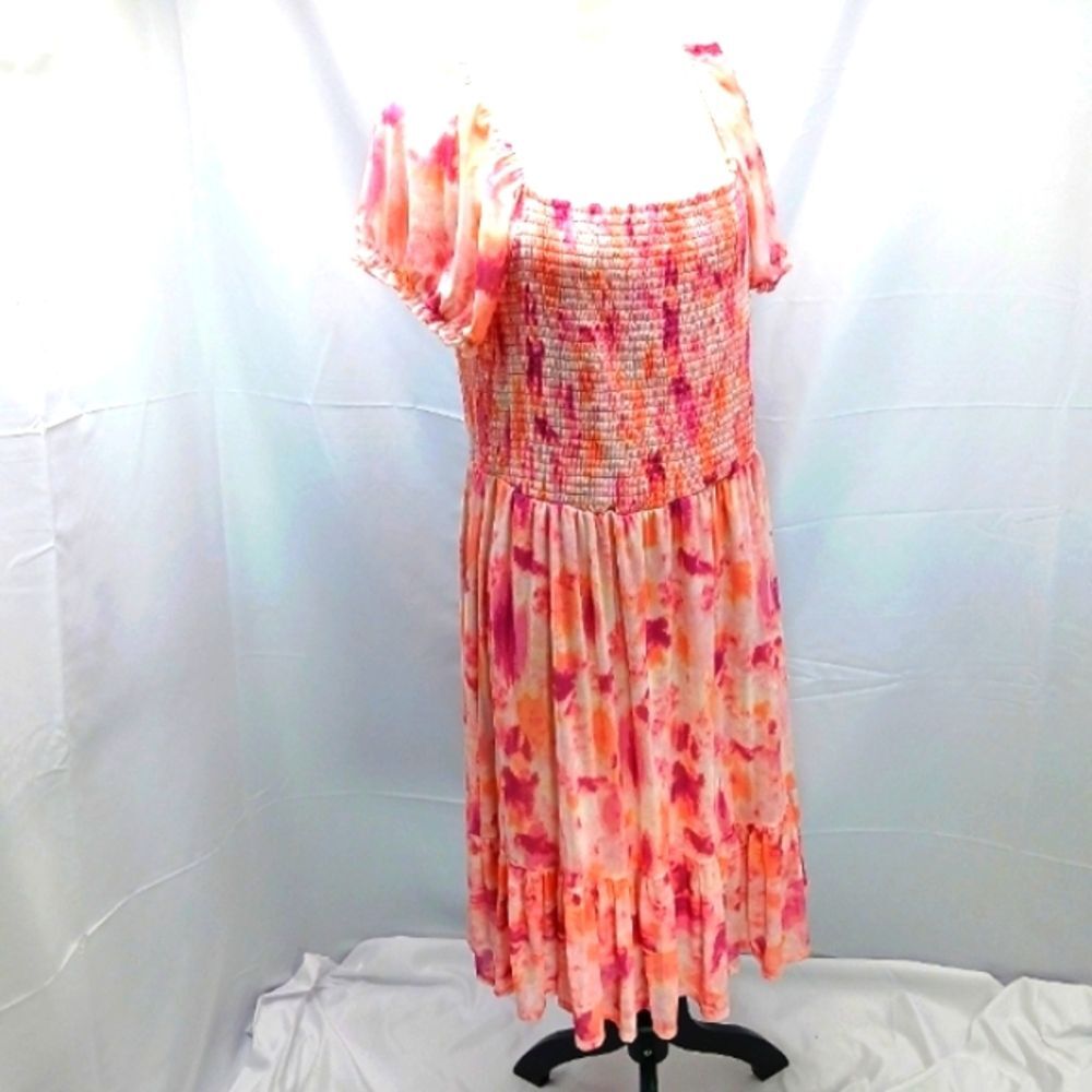 Just Found Pink Tie-Dye Maxi Smocked Body Ruffle Detail Whimsy Woman 1X Boho